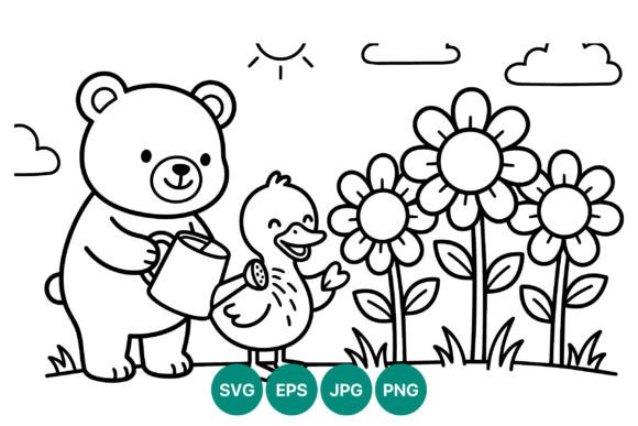 Bear and Duck Watering Flowers Graphics