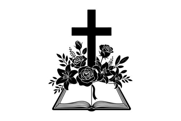 Black and White Cross with Roses and Ope Graphics
