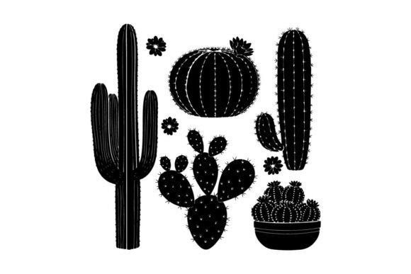 Black Silhouette Cacti and Flowers on White Graphics