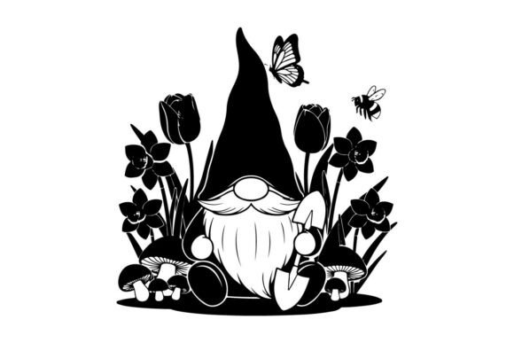 Black Silhouette Gnome with Flowers and Graphics