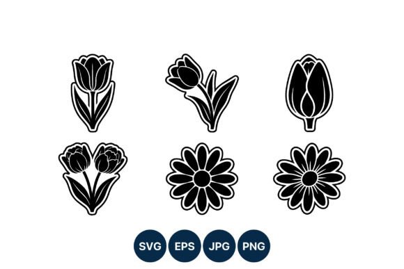 Black White Tulip Daisy Flowers Vector Graphics
