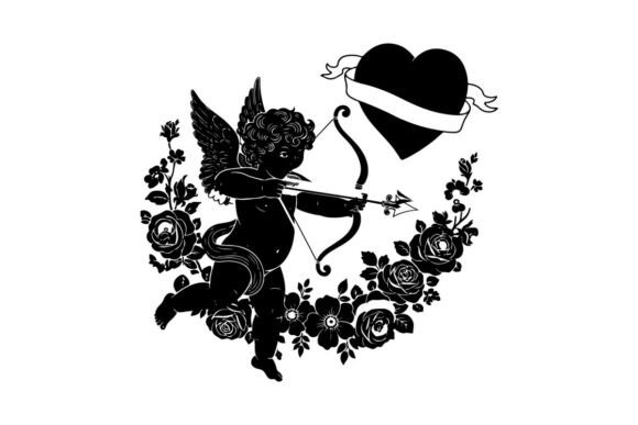 Cupid Silhouette with Heart and Roses on Graphics
