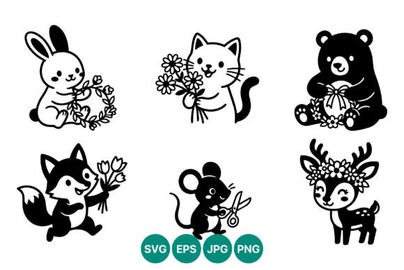 Cute Animal Characters Holding Flowers Graphics