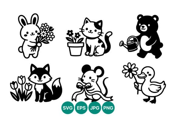 Cute Animal Characters with Flowers Graphics