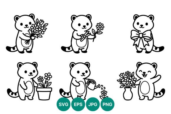Cute Animal with Flowers Bow Vector Graphics
