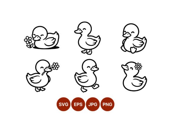 Cute Doodle Ducklings with Flowers Graphics