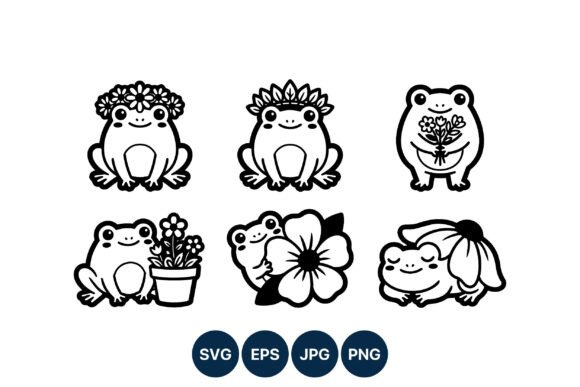 Cute Frog Line Art with Flowers and Graphics