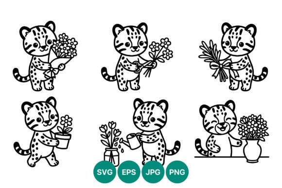 Cute Leopard Cub Flowers Line Art