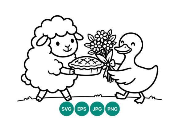 Cute Sheep and Duck with Pie and Flowers Illustration