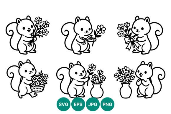 Cute Squirrels Holding Flowers Vector