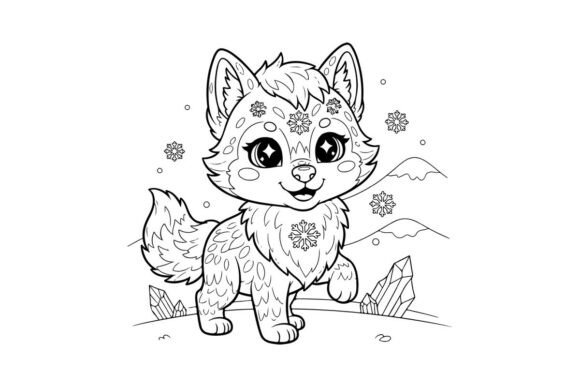 Cute White Wolf Puppy with Flowers Vecto