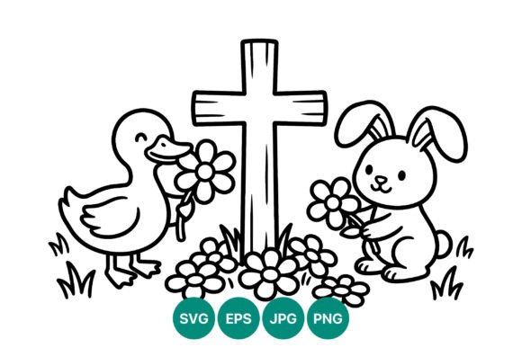 Duck and Bunny with Flowers Cross Graphics
