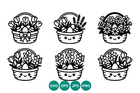 Easter Basket Line Art with Flowers and Graphics