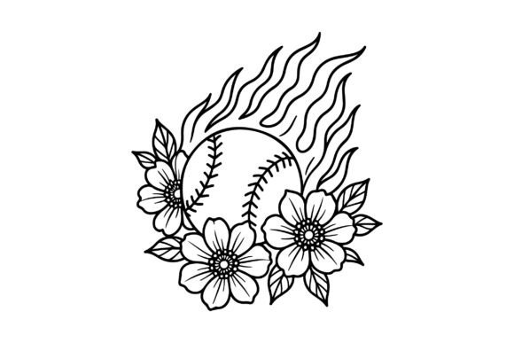 Fire Baseball with Flowers Clipart