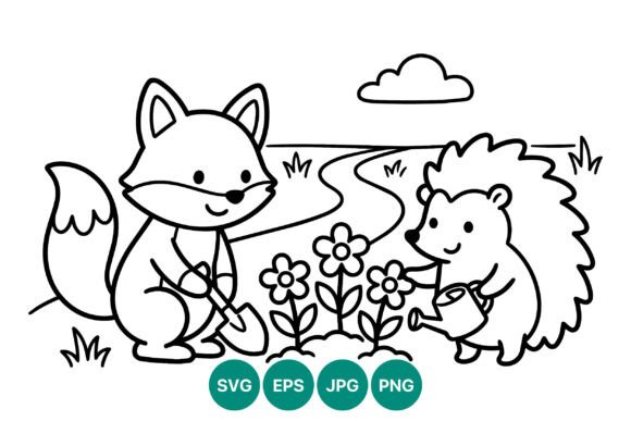 Fox and Hedgehog Watering Flowers Line Graphics