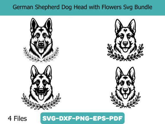 German Shepherd Dog Head with Flowers Graphics
