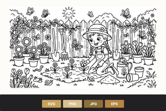 Girl Gardening with Flowers Graphics