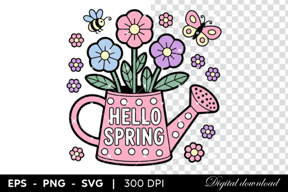 Hello Spring Watering Can with Flowers