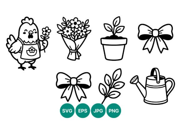 Hen with Flowers Bows Plant and Watering Graphics