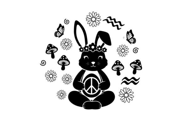 Peaceful Silhouette Bunny in Flowers and Graphics