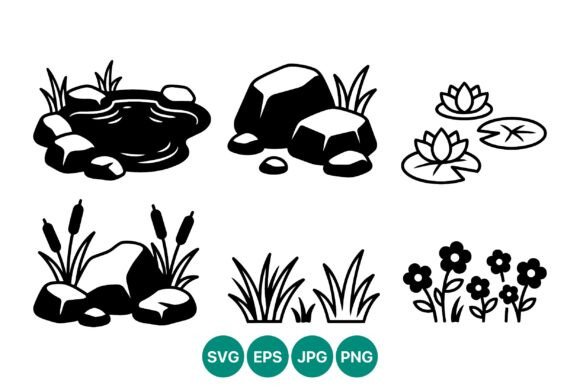 Pond Rocks Grass Flowers Vector Art