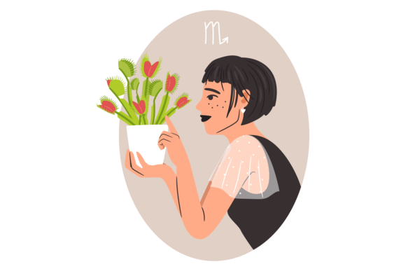 Scorpio Woman Portrait with Red Flowers Graphics