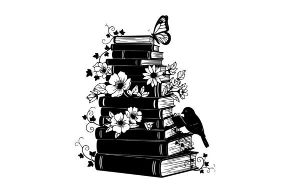 Silhouette of Books with Flowers Butterf Graphics