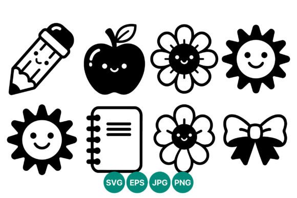 Smiling Pencil Apple Flowers Sun Icons Graphics