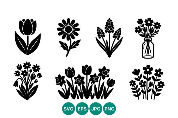 Spring Flowers Black Silhouette for Branding and Packaging
