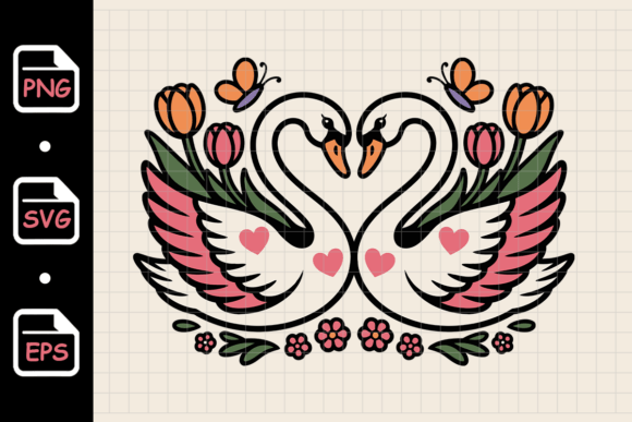 Swan Couple Forming Heart with Flowers Graphics