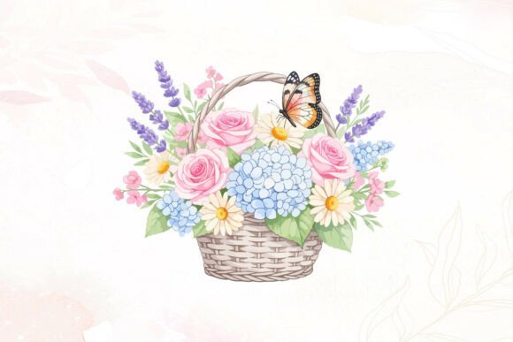 Watercolor Basket with Pink Roses Graphics