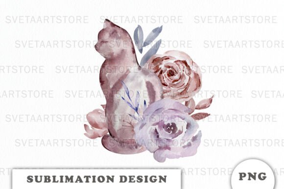 Watercolor Cat with Flowers Graphics for Branding