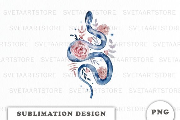 Watercolor Snake with Flowers Png for Branding and Design